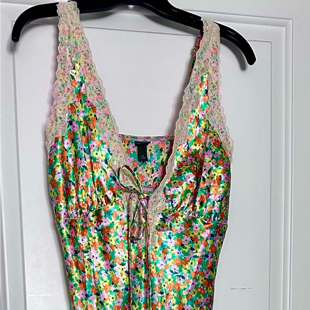 wild fable Floral Satin Slip Dress in Green, Pink & Orange